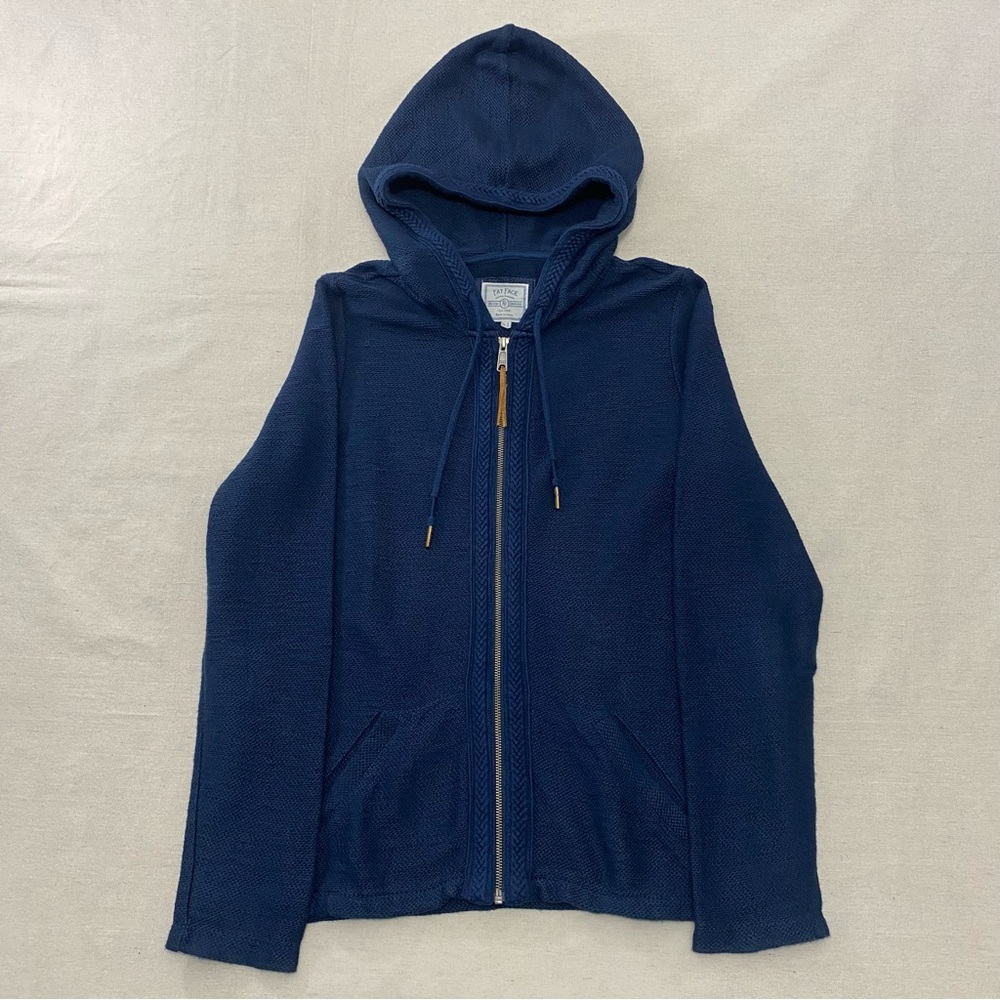 Fat Face Womens sz 8 Blue Hemsby Full Zip Hoodie Textured Cable Knit w/ Pockets